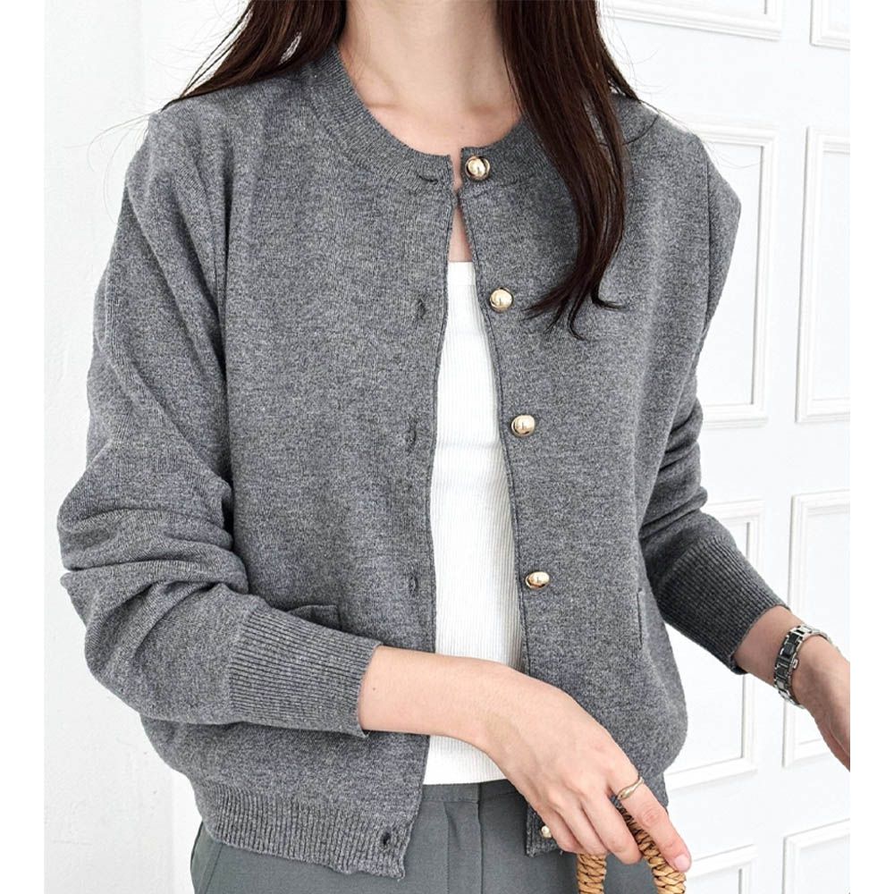 氣質金屬釦無領針織外套-灰 (FREE)