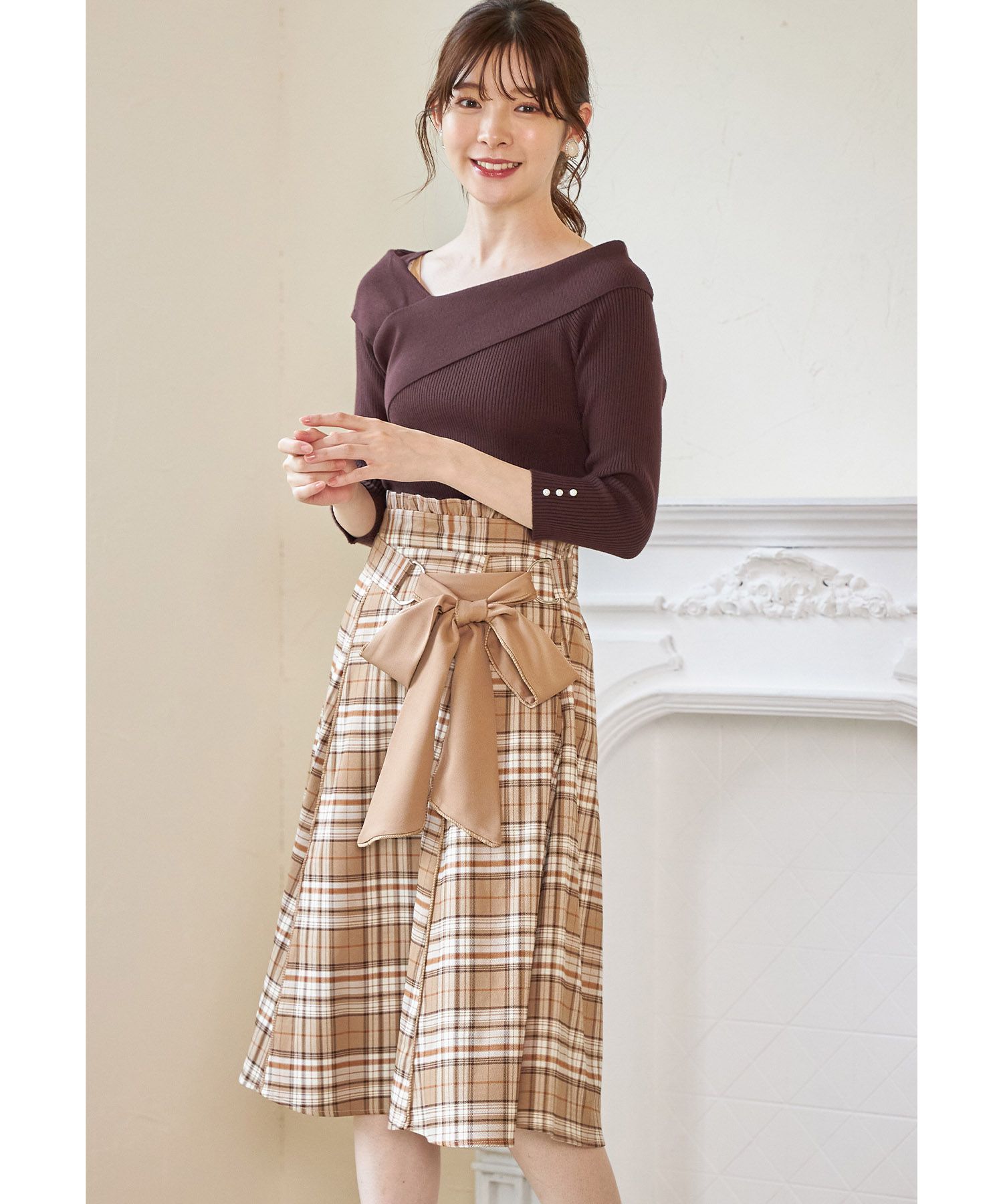 日本 tocco-closet - 蝴蝶紐結格紋修身長裙-簡約黑