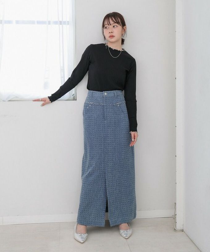 日本 Bab - 木耳滾邊典雅羅紋長袖上衣-高領-淺灰 (M)