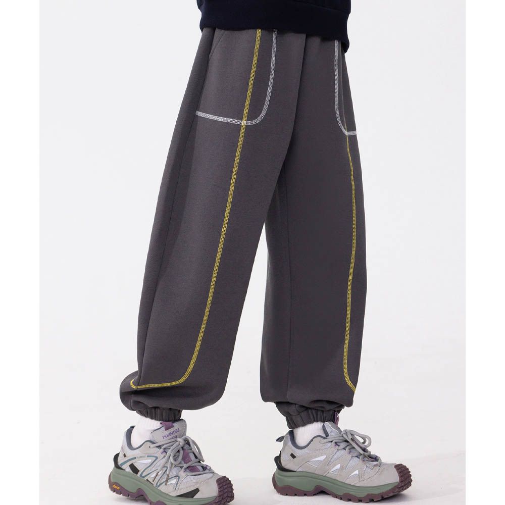 四面彈休閒運動束口長褲-撞色車線-深灰