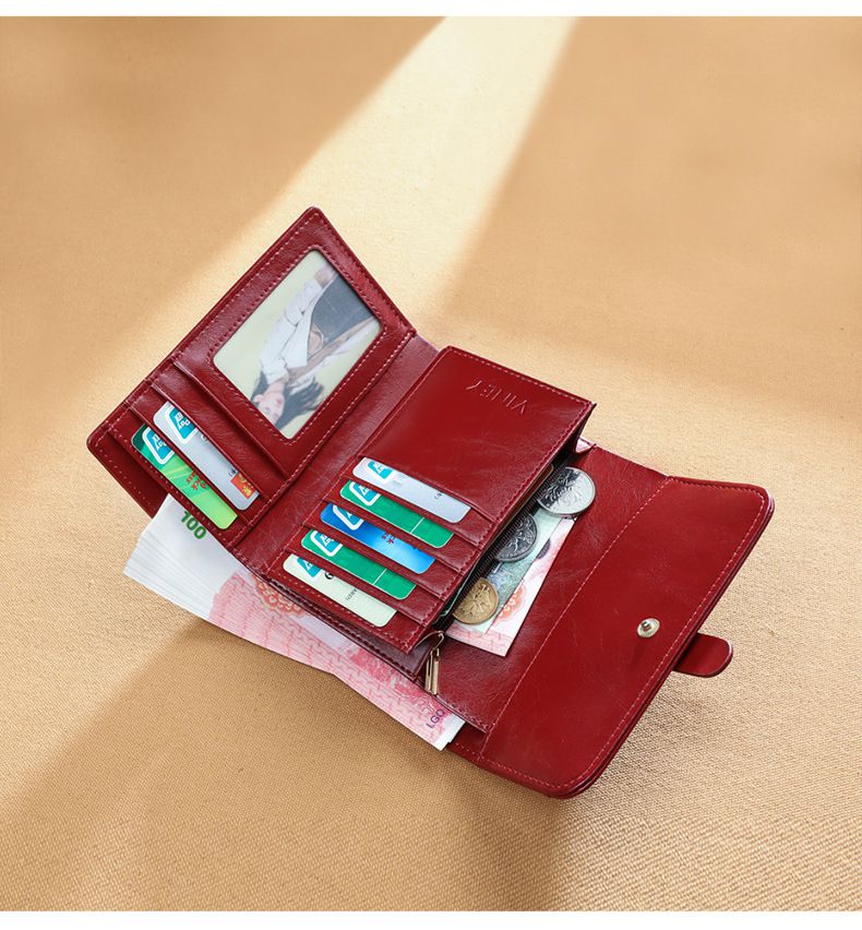 復古真皮三折短夾-酒紅色 (14.5x3x10cm)