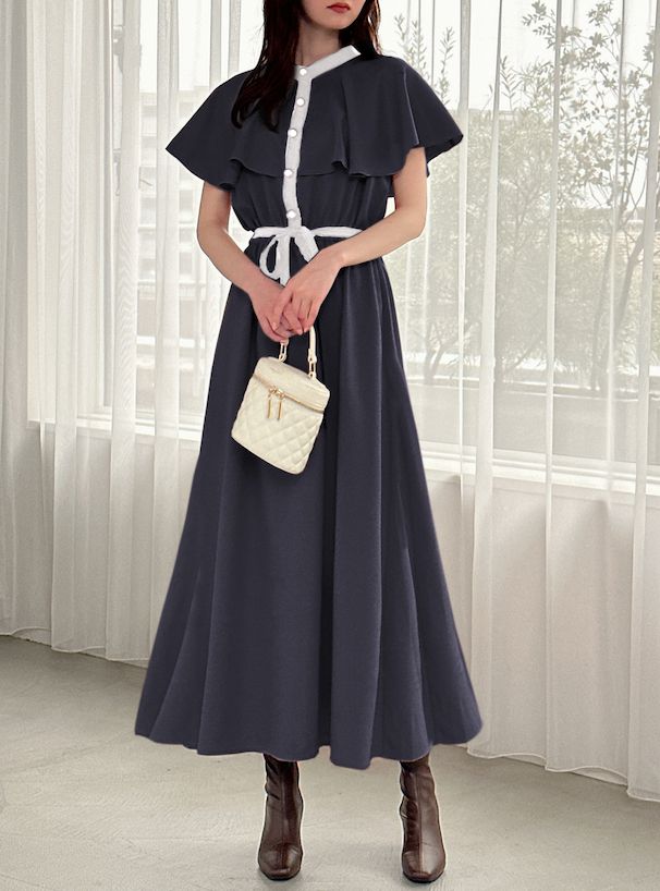 日本 GRL - 法式優雅撞色收腰雪紡洋裝-深藍x白 (F)