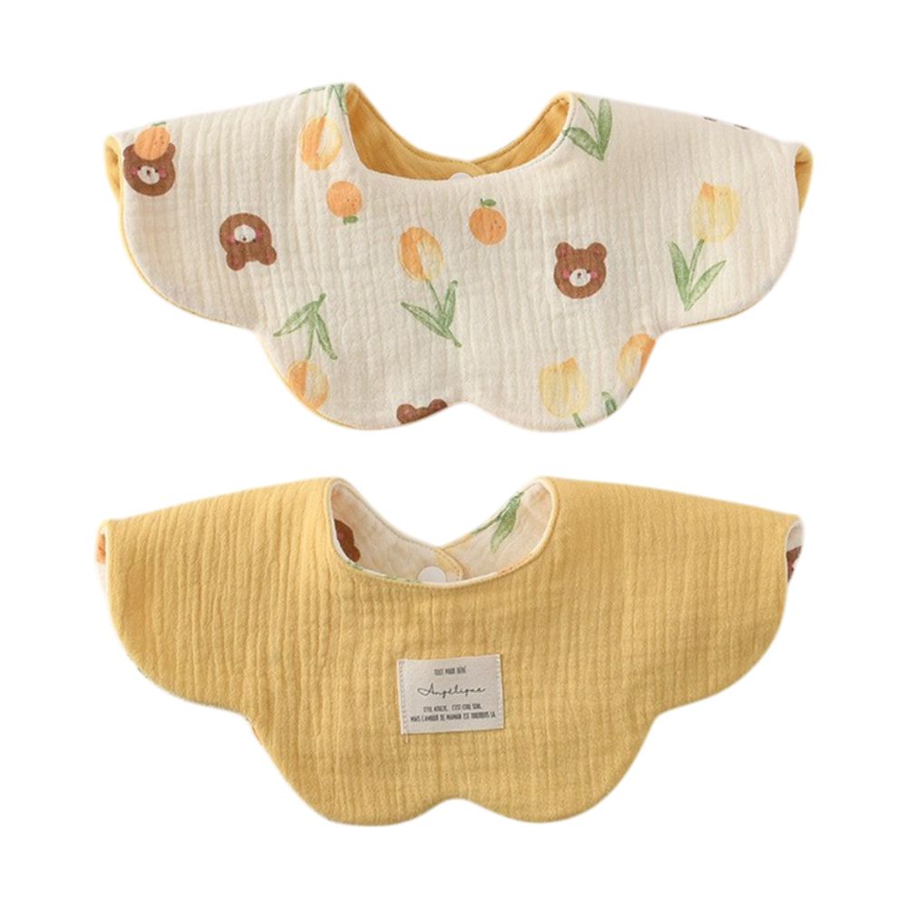 2條入-六層紗吸水圍兜 花型圍兜 兩面皆可用 純棉-鬱香熊/鵝黃+隨機1條 (24.5*25cm)