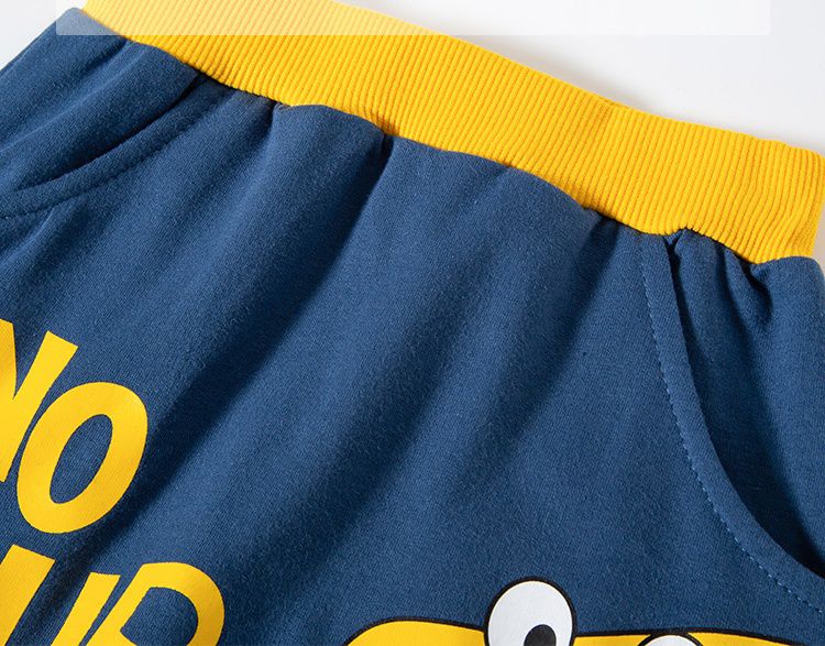 BE TOP - 純棉休閒短褲-偷看恐龍-黃+藍