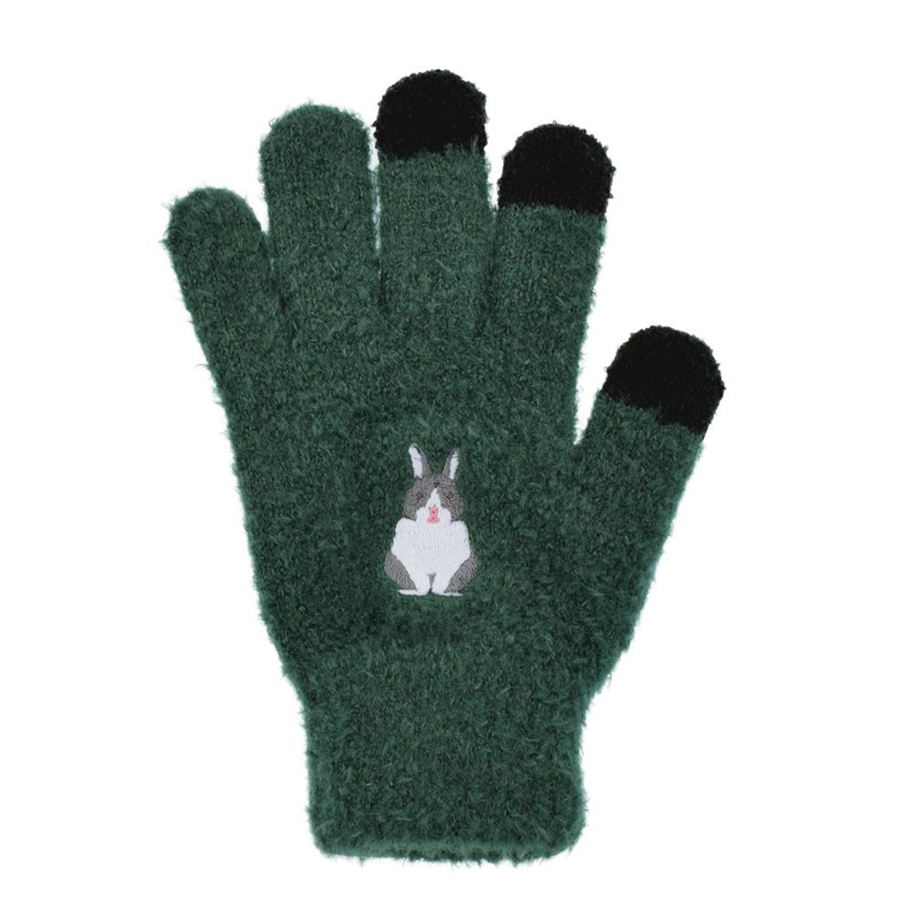 日本 TOMO - (大人)可觸控可愛動物毛絨保暖手套-灰白兔-墨綠