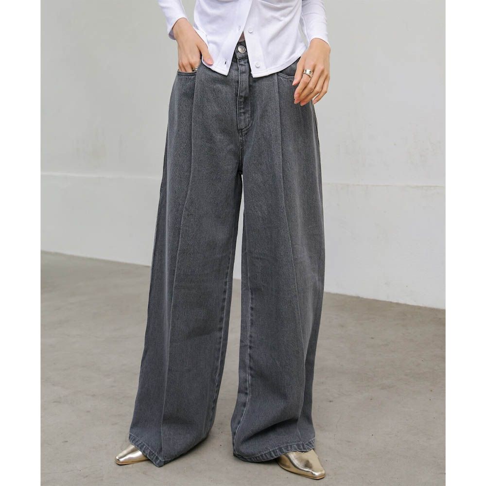 腳長效果 摺線丹寧印度棉寬褲-深灰