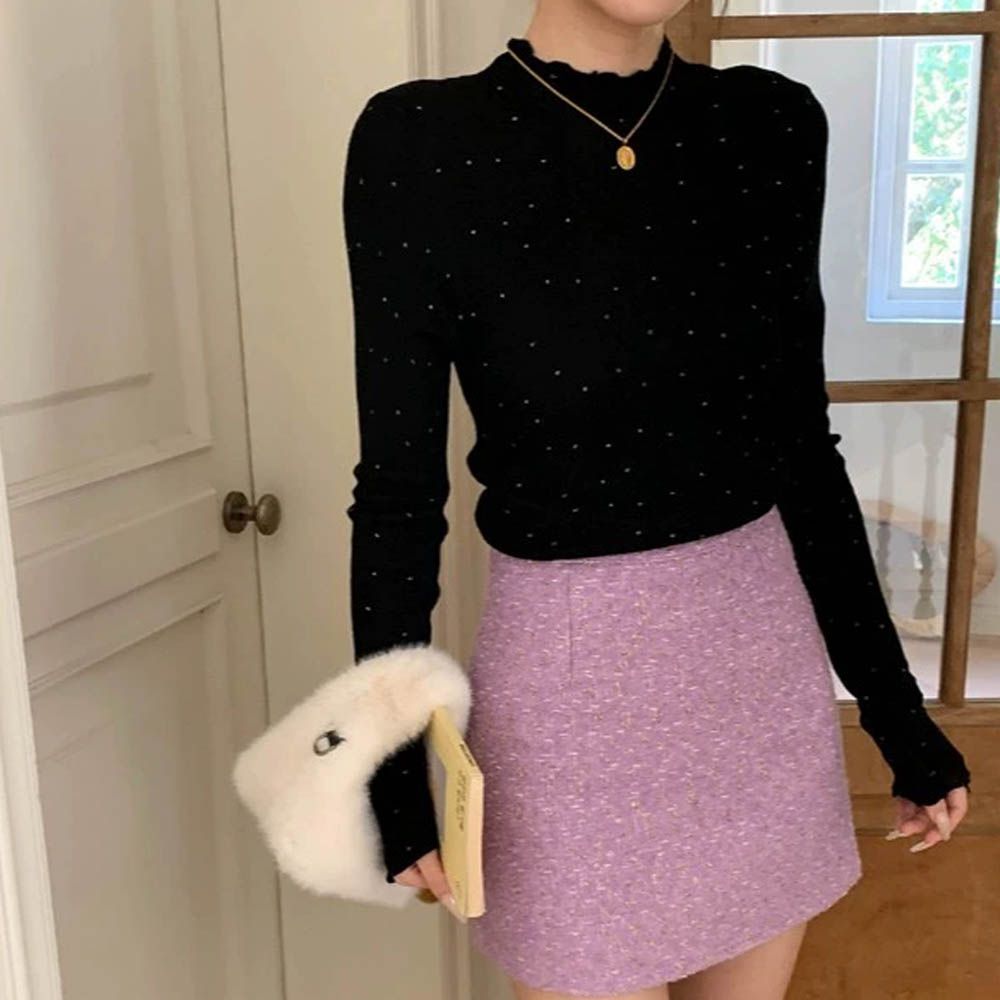 半高領木耳邊點點長袖針織上衣-黑色 (F)