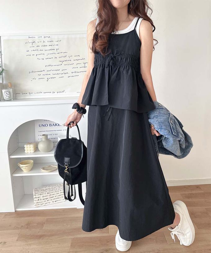 日本 Classical Elf - 假二件可愛皺摺荷葉吊帶洋裝-黑