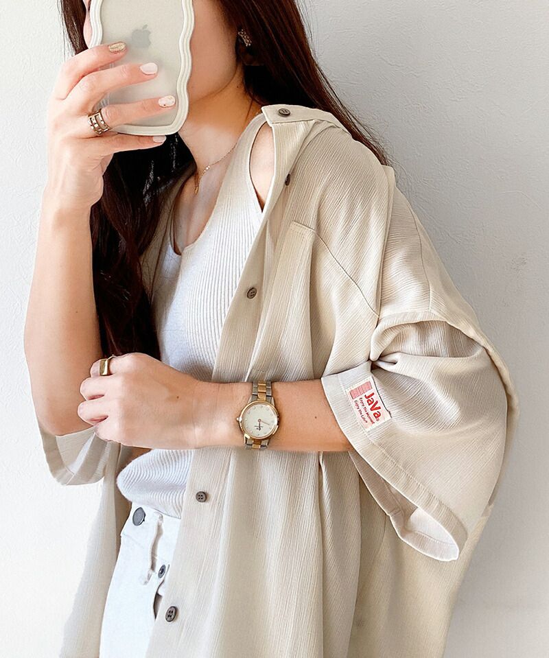 日本 Classical Elf - 楊柳皺縮微透膚短袖襯衫/薄外套-沙杏