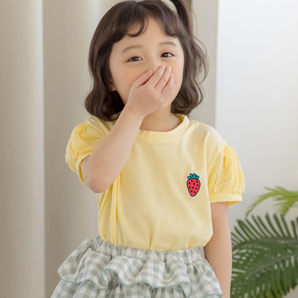 韓國 Orange Mom - 小巧草莓泡泡袖上衣-鵝黃