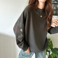 日本 Classical Elf - 俏皮塗鴉裏起毛長袖上衣-炭灰