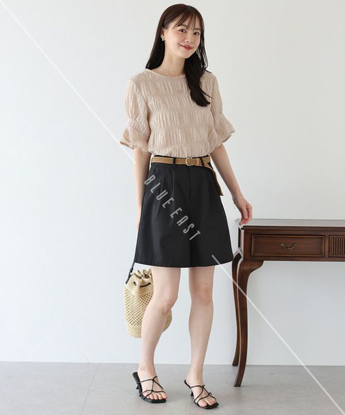 日本 BLUE EAST - 海軍風打褶休閒短褲(附腰帶)-海軍藍