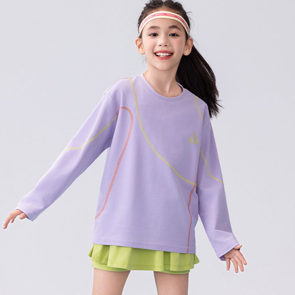 吸濕排汗圓領長袖上衣-撞色車線-夢幻紫
