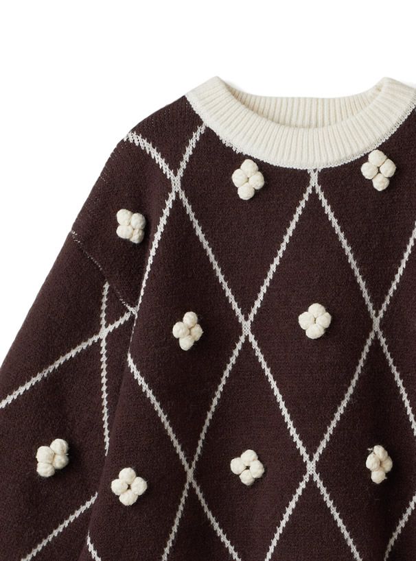 日本 GRL - 幾何菱格小花針織毛衣-米