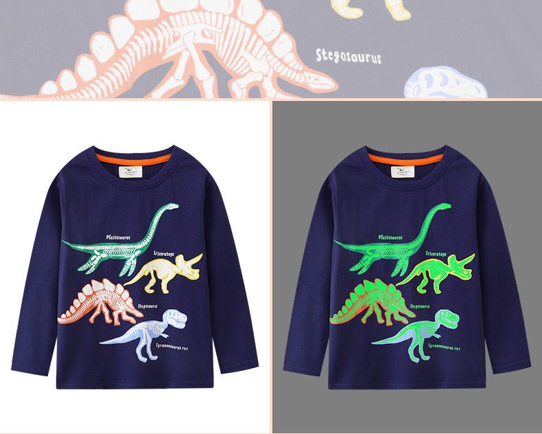 Jumping meters - 夜光圓領棉質長袖上衣-恐龍化石-深藍色