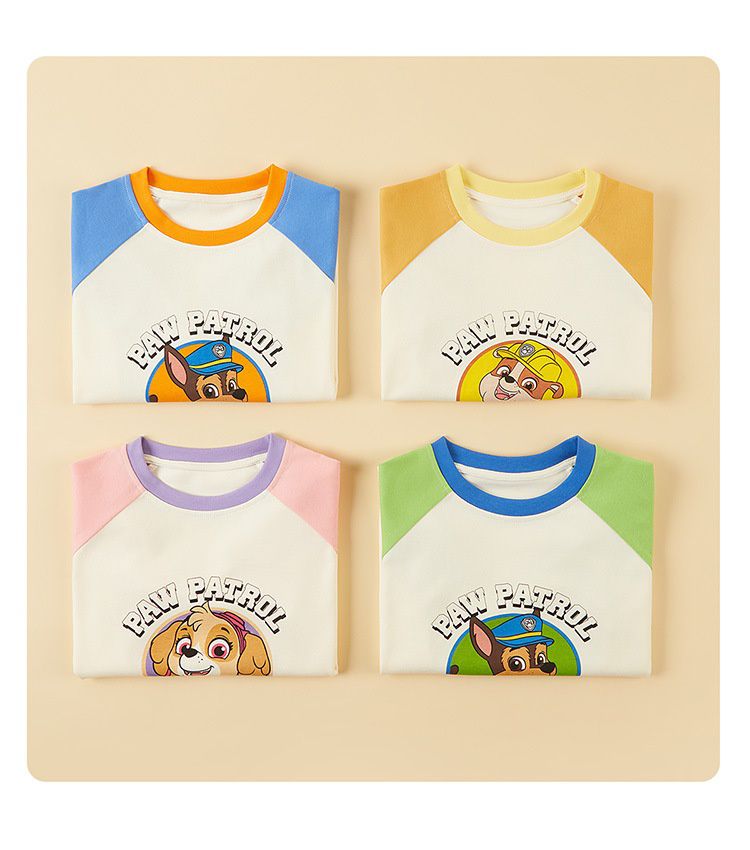 卡通汪汪隊棉質拼色圓領長袖上衣-卡通人物小礫-黃+白