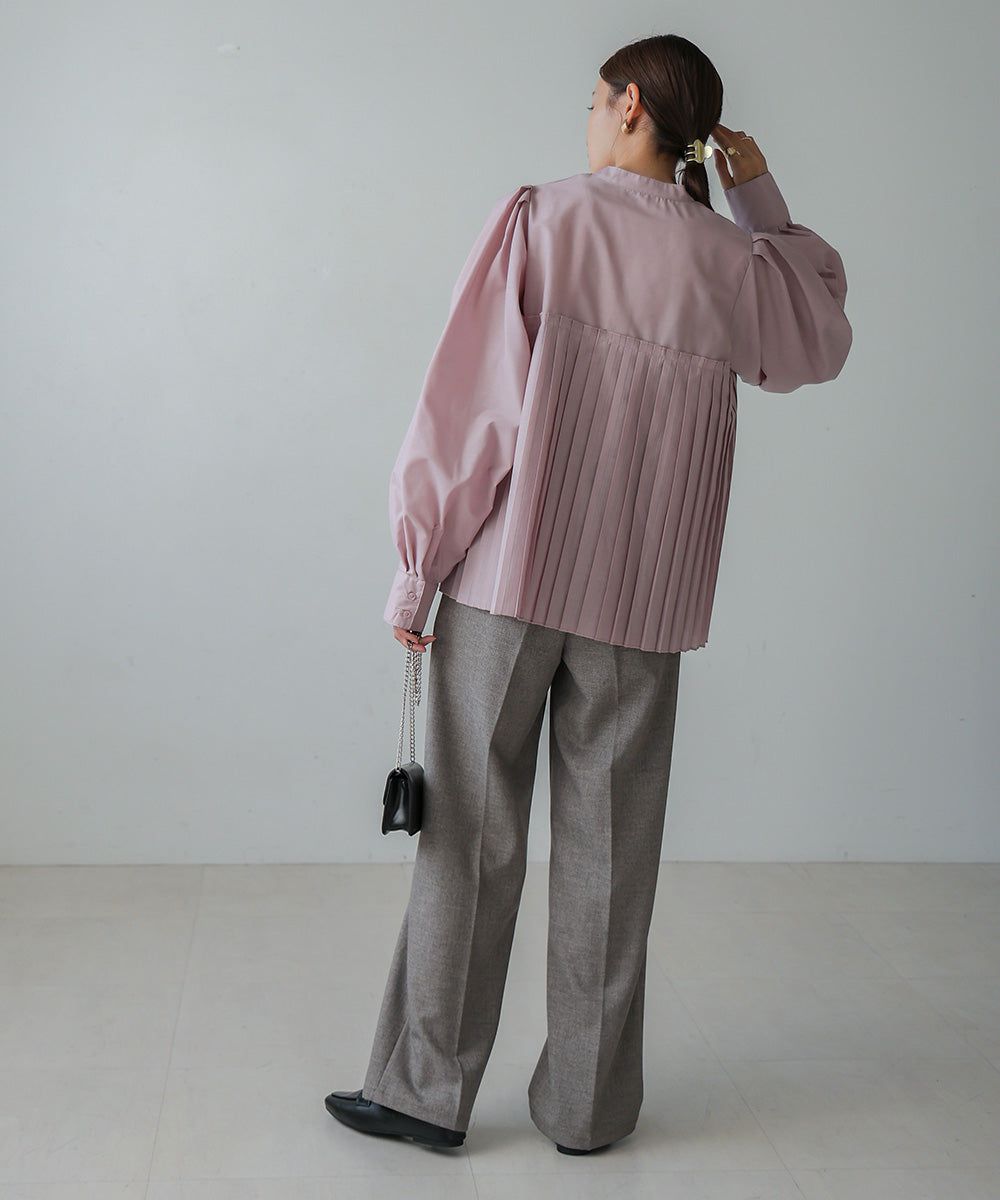 日本 Bab - 歐風百褶拼接泡泡袖襯衫-灰棕