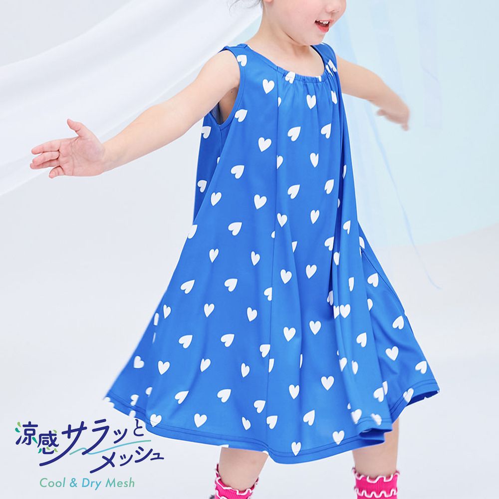 涼感速乾網眼 可愛印花無袖洋裝-愛心-寶藍