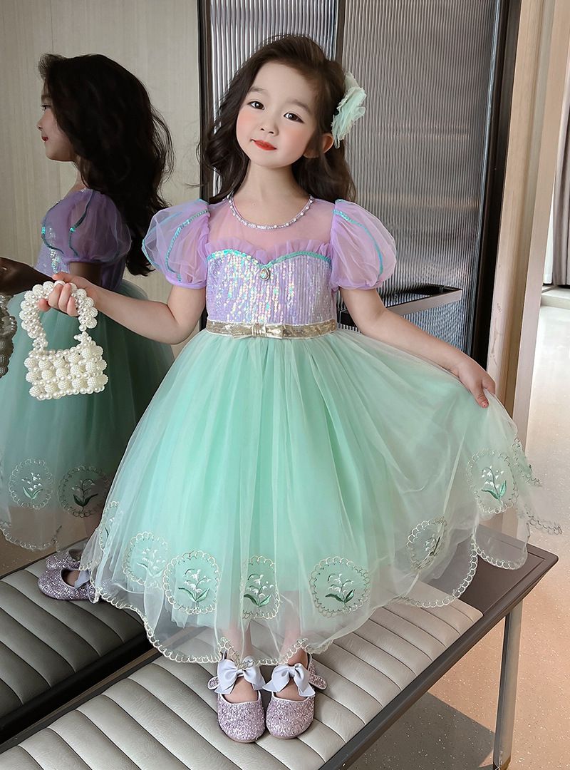 公主風亮晶晶短袖連身裙-美人魚配色-果綠+紫