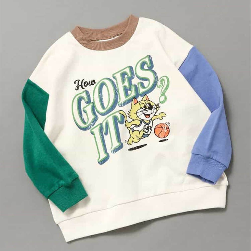 美式印花縮口長袖上衣-貓貓打籃球-米白