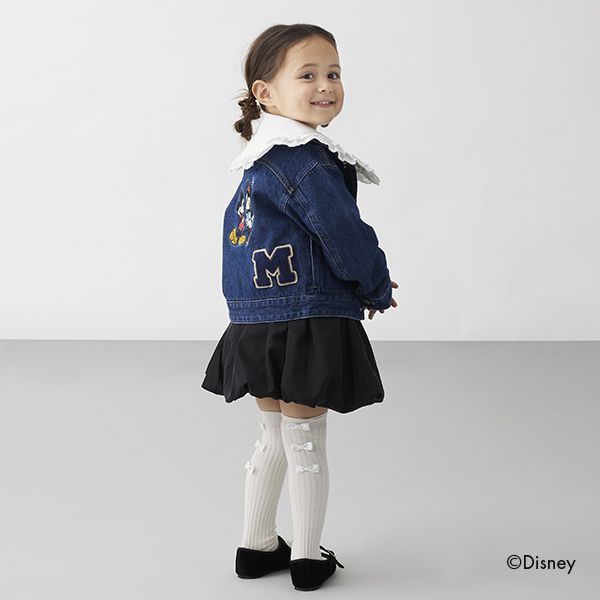 日本 petit main - 聯名款 經典印花廓形牛仔夾克-卡通人物米奇米妮-丹寧藍