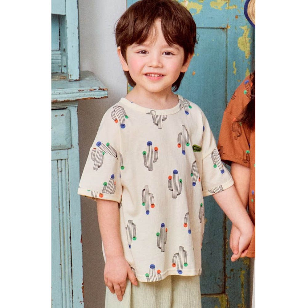 手繪仙人掌短袖上衣-米