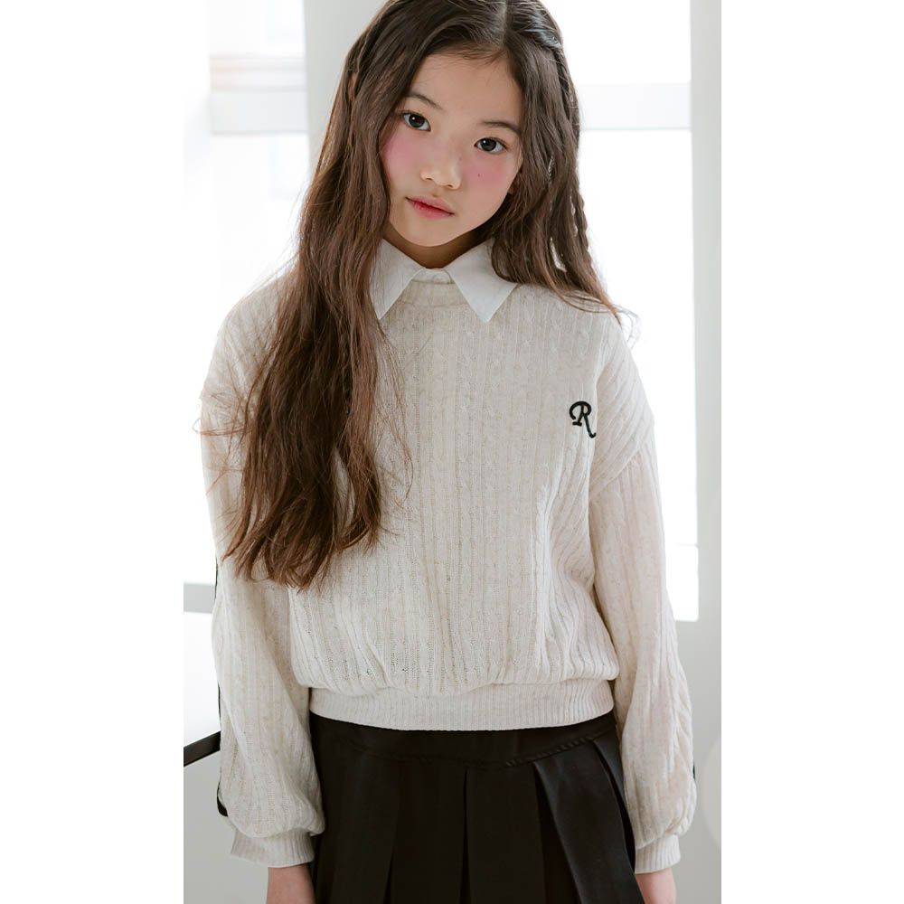 線條裝飾麻花捲編織長袖上衣-燕麥米