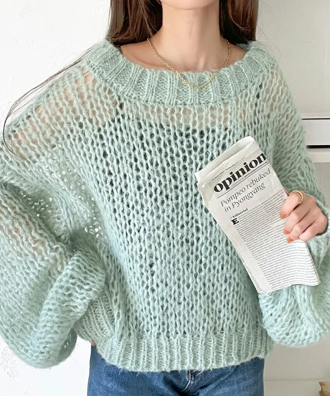 日本 Classical Elf - 甜美船領針織洞洞大寬袖毛衣-薰衣草