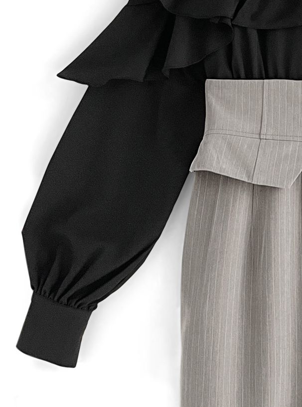 日本 GRL - 雜誌掲載 荷葉層次拼接高腰魚尾洋裝-黑x灰