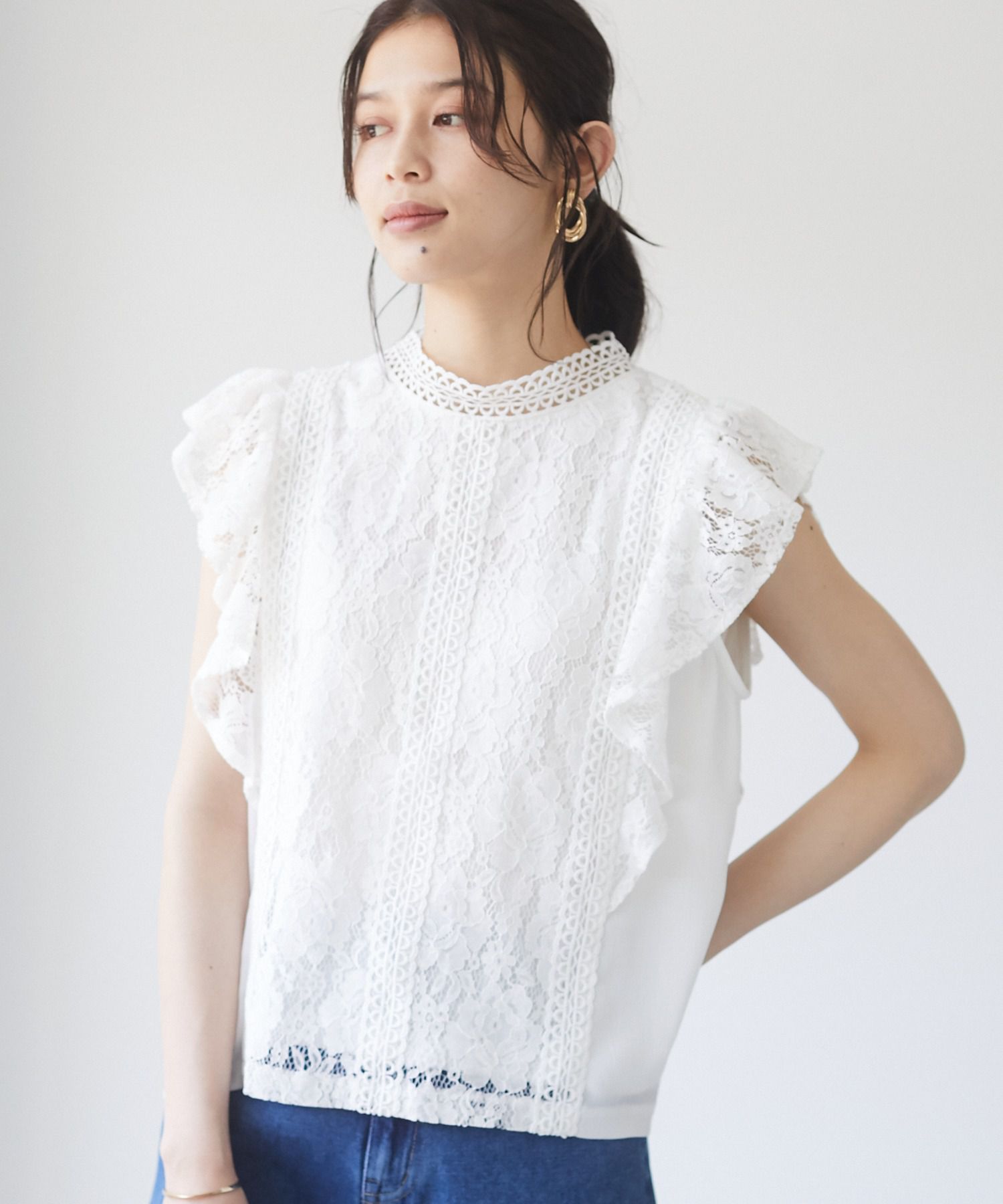 日本 ELENCARE DUE - 浪漫蕾絲無袖上衣-白