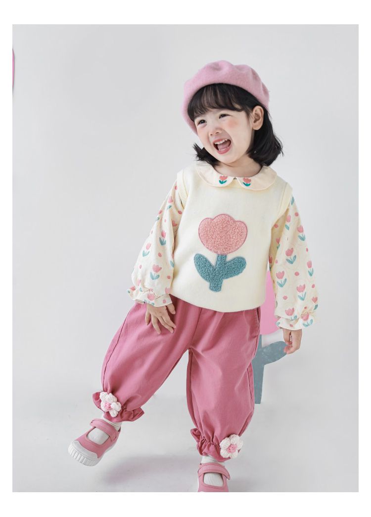 腰鬆緊百搭花苞束口長褲-花花-亮粉色