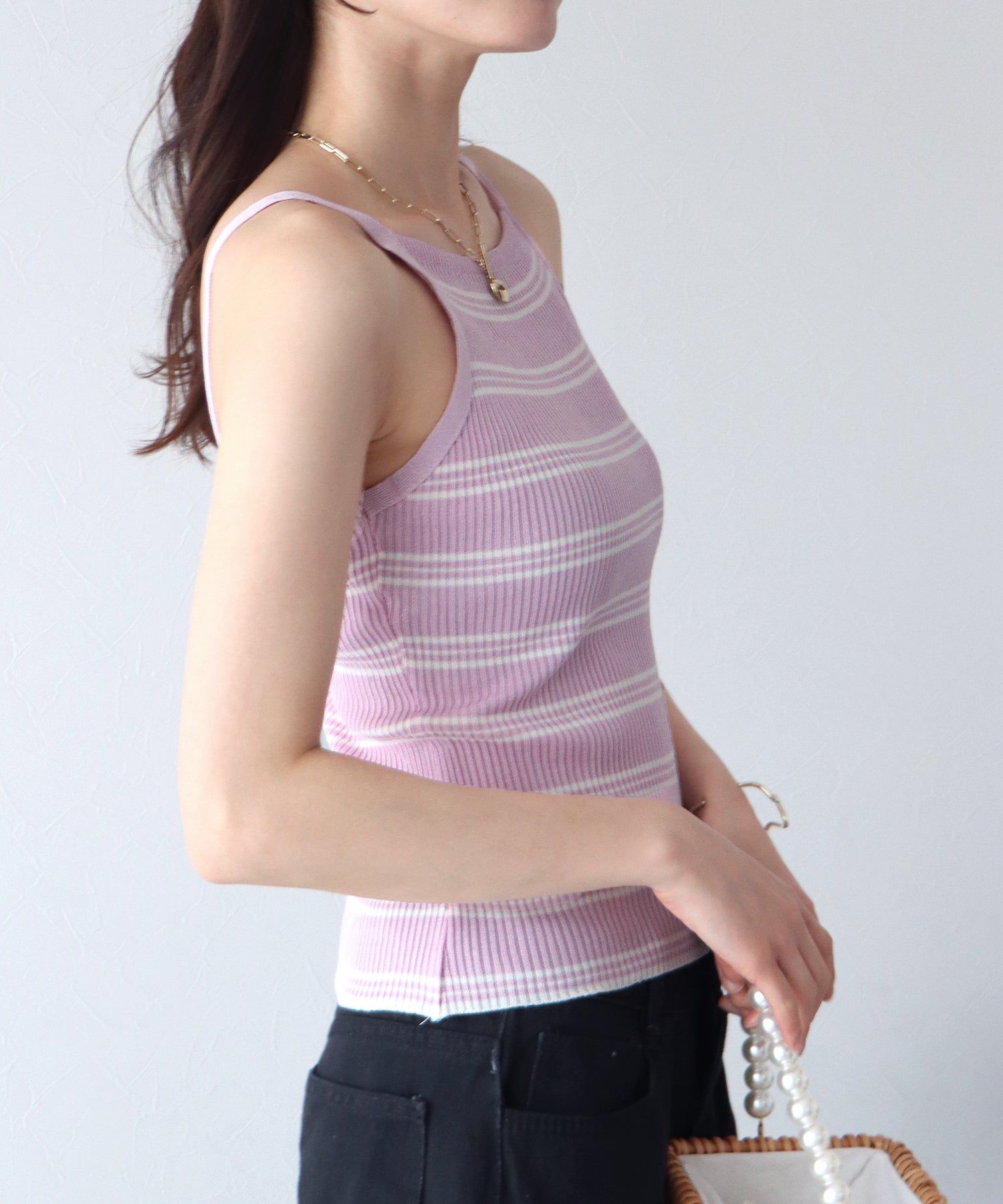 日本 BLUE EAST - 彈性羅紋無袖上衣/內搭-條紋-黑