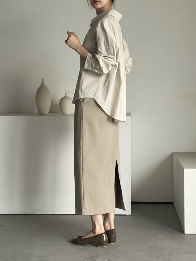 韓國女裝連線 - 知性背後抓褶翻領長袖襯衫-米杏 (FREE)