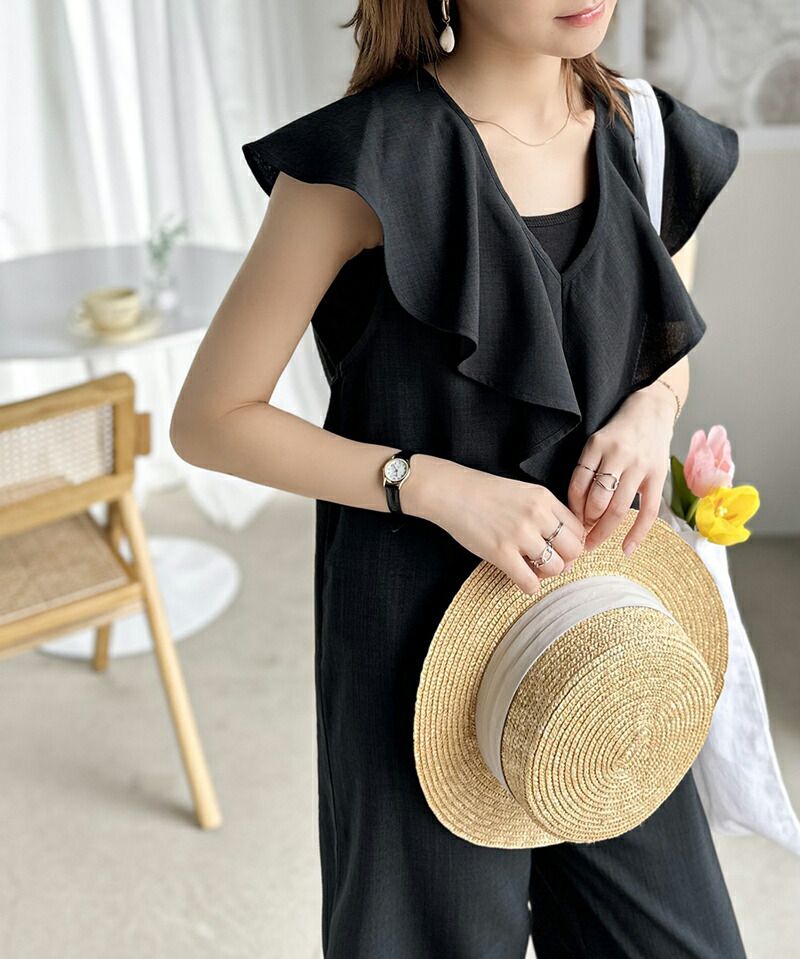 日本 Classical Elf - 浪漫荷葉V領無袖連身褲-摩卡