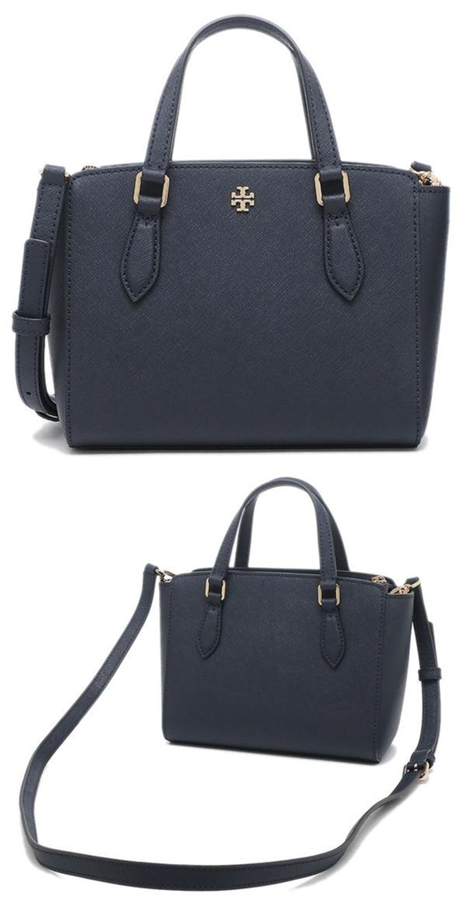 Tory Burch - 雙T-LOGO素面皮革兩用包 (深藍)