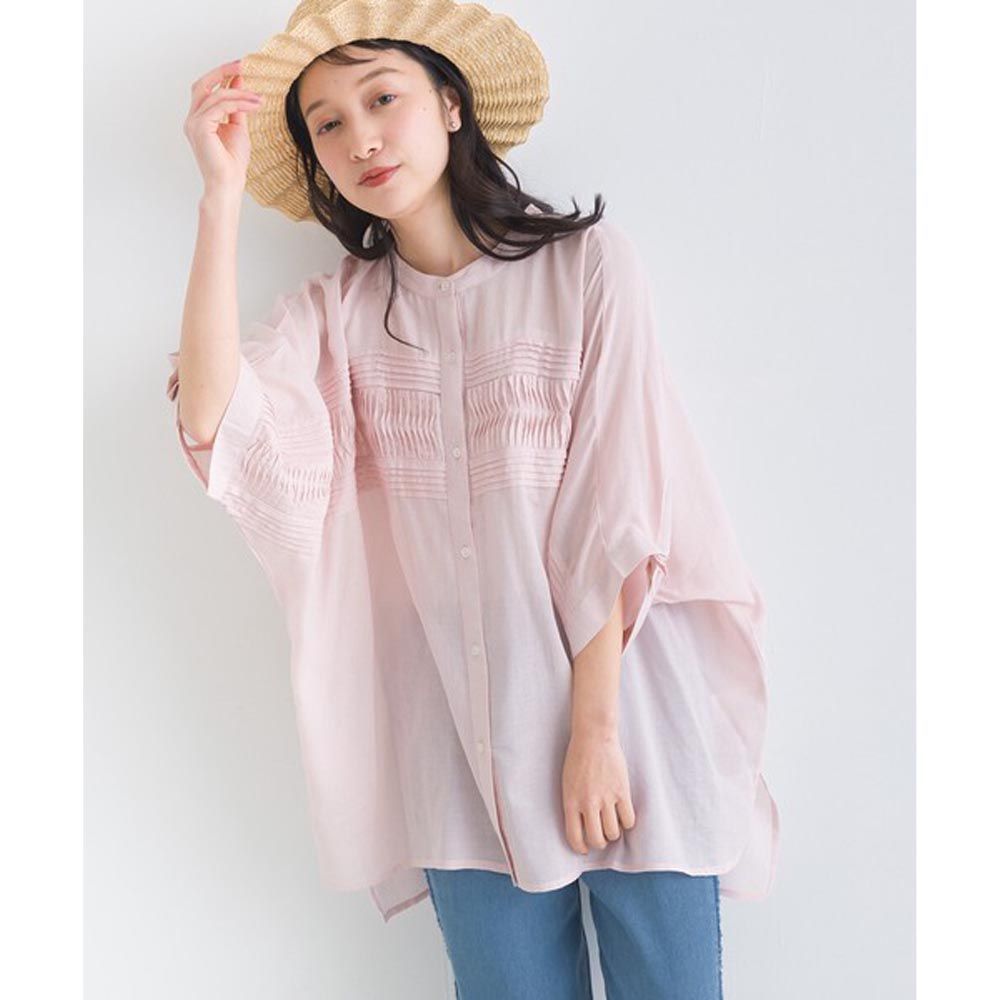日本 Lupilien - 100%印度棉 細摺透感五分袖襯衫-粉紅