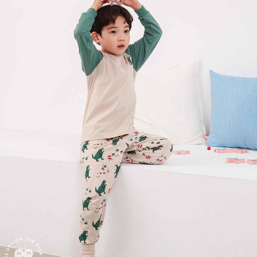 韓國 Ppippilong - 薄款無螢光棉長袖家居服-綠色恐龍