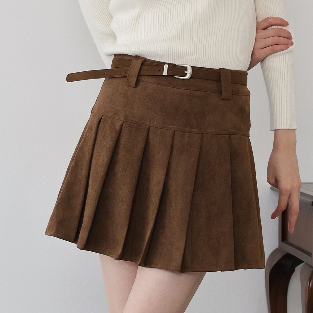 時髦麂皮百褶迷你短裙(附皮帶)-咖啡