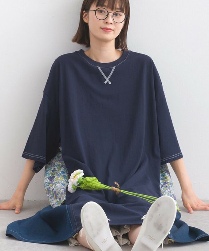 日本 Lupilien - 異素材花朵拼布清新五分袖洋裝-黑