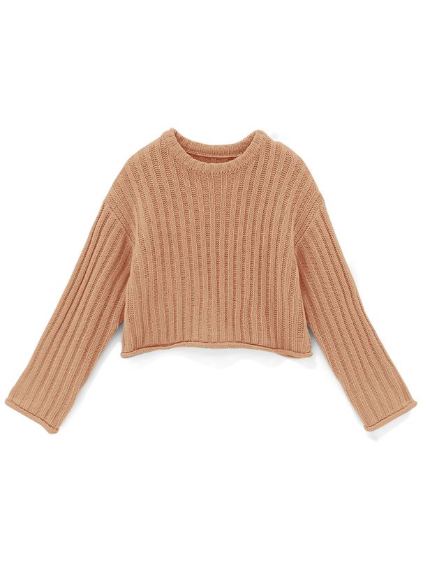 日本 GRL - 圓領坑條短版針織上衣-米杏 (F)