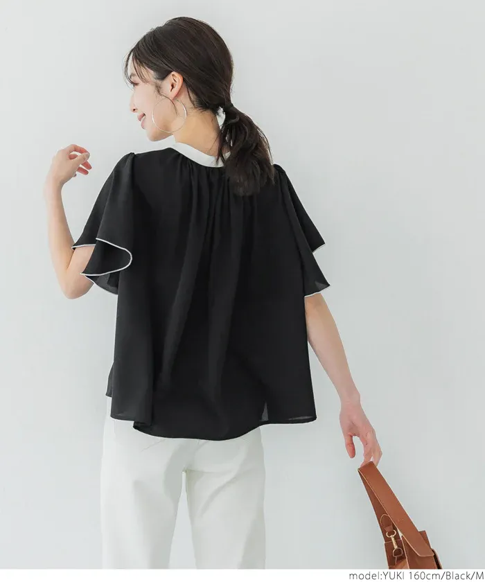 日本 COCA - 簡約撞色雪紡荷葉短袖襯衫-白