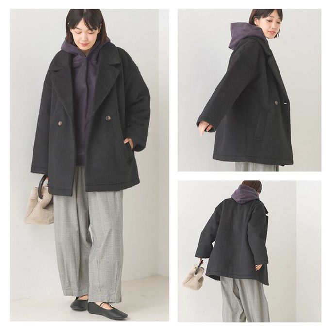 日本 OMNES - 微刷毛百搭西裝領雙扣修身大衣-黑