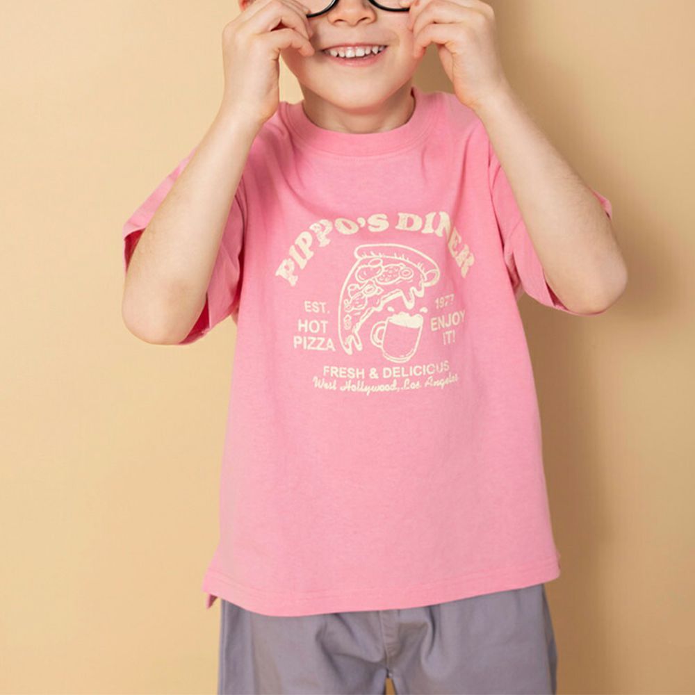 100%天竺棉清爽短袖上衣-享受披薩-粉紅