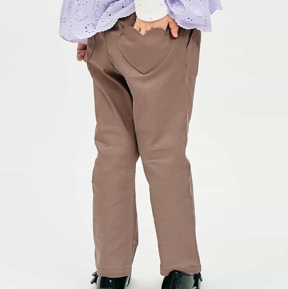 愛心口袋蕾絲後腰百搭長褲-咖啡