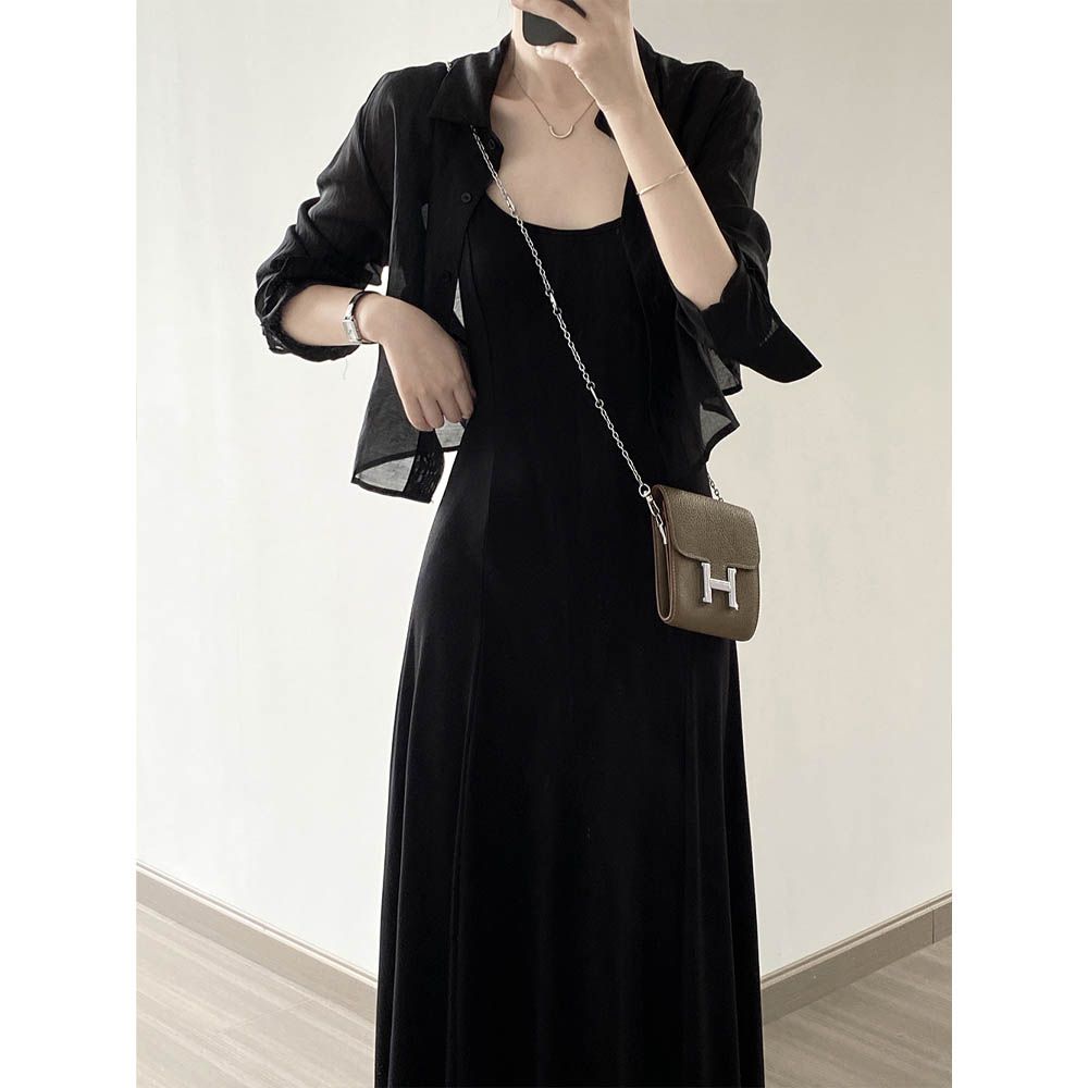 透膚感薄長袖襯衫-短版後綁帶-黑色