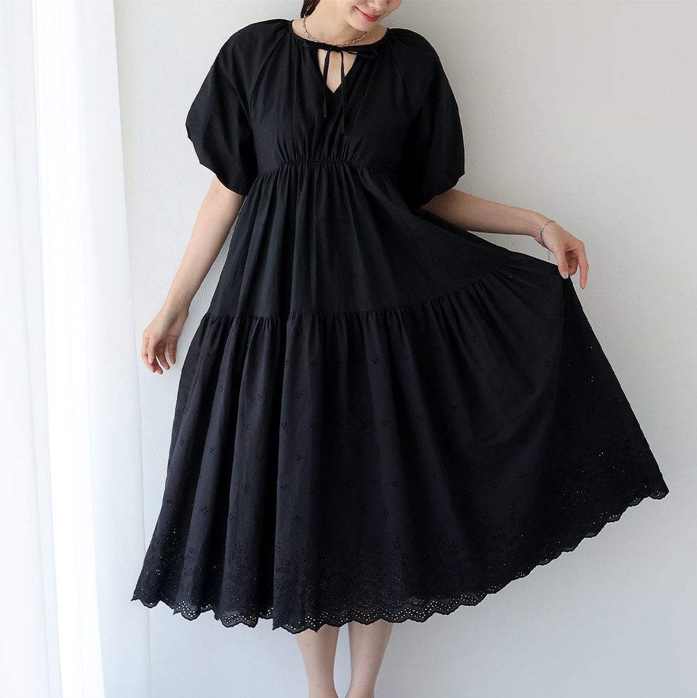 100%棉 下擺精緻蕾絲泡泡短袖洋裝-黑