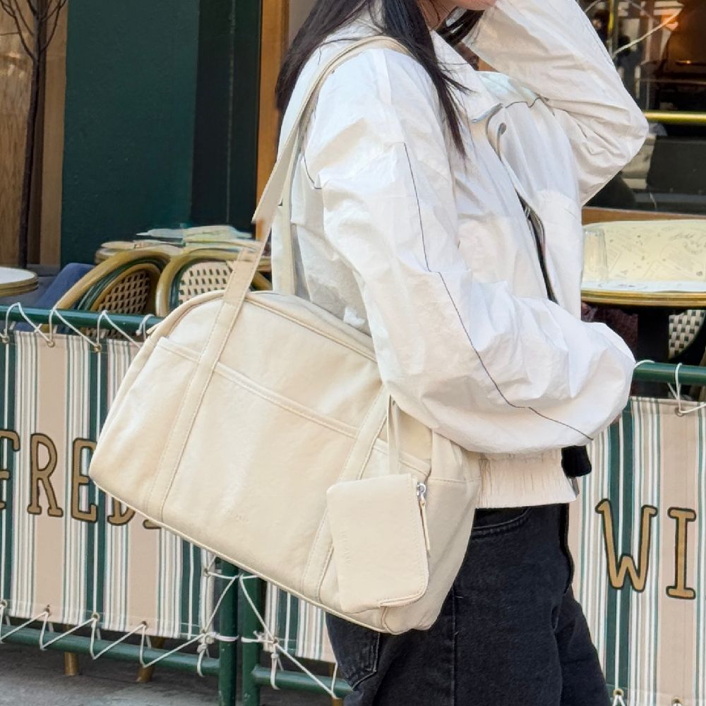 小眾設計 (附小拉鍊包)超能裝皮革保齡球肩背包-象牙白