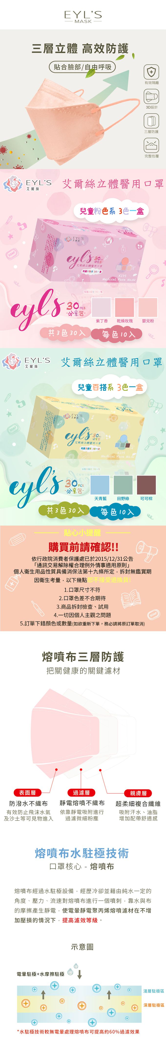 EYL'S 艾爾絲 - 艾爾絲-兒童4D立體醫用口罩30入(適用5-12歲)-30入-紫丁香/乾燥玫瑰/嬰兒粉-兒童口罩 長16.8公分*7.1公分