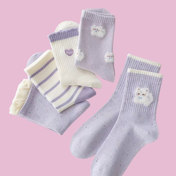 Nice紫色毛毛貓咪中筒棉襪