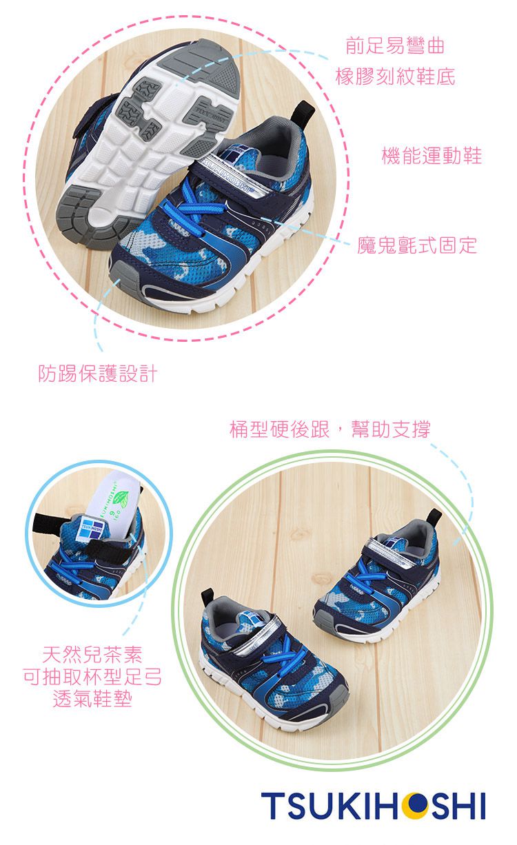 日本TSUKIHOSHI - 迷彩海軍藍色兒童機能運動鞋